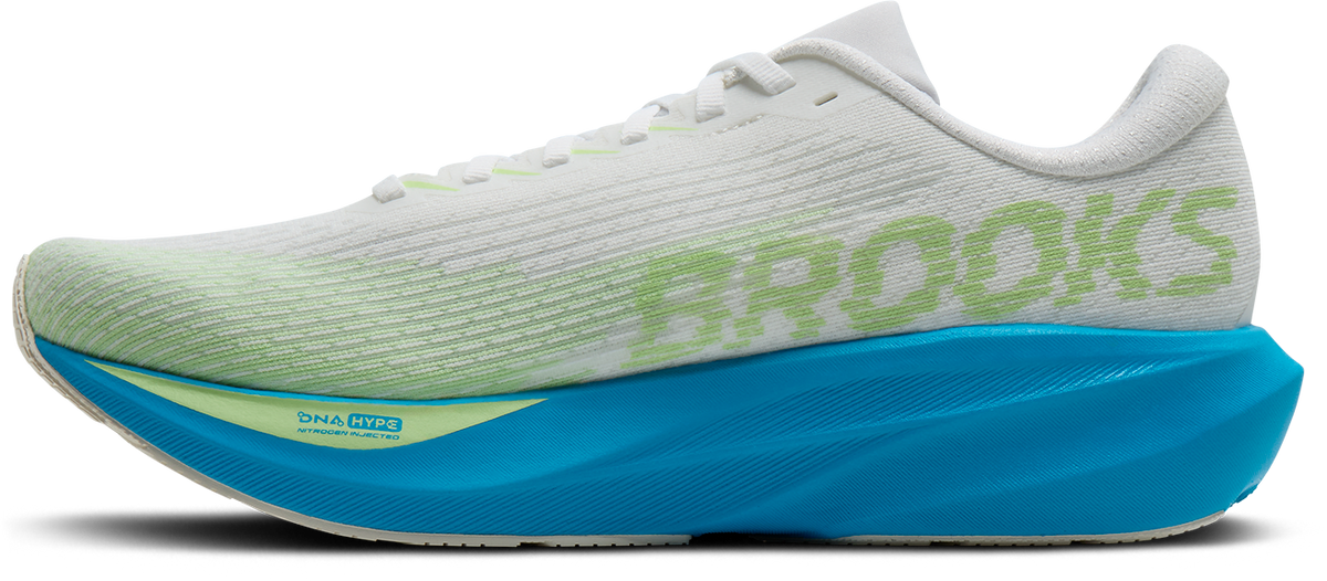brooks ghost amp mens, lightweight responsive and energetic training shoe, white with blue and green details, inside profile of shoe