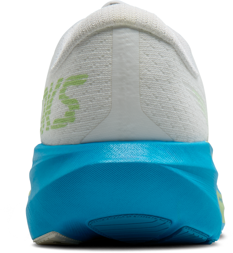 brooks ghost amp mens, lightweight responsive and energetic training shoe, white with blue and green details, heel of shoe