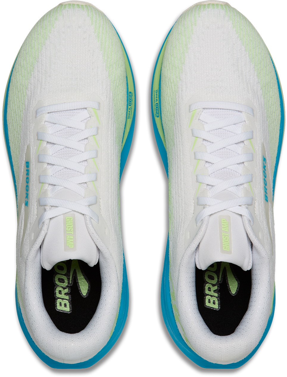 brooks ghost amp mens, lightweight responsive and energetic training shoe, white with blue and green details, top of shoe