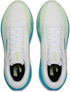 brooks ghost amp mens, lightweight responsive and energetic training shoe, white with blue and green details, top of shoe