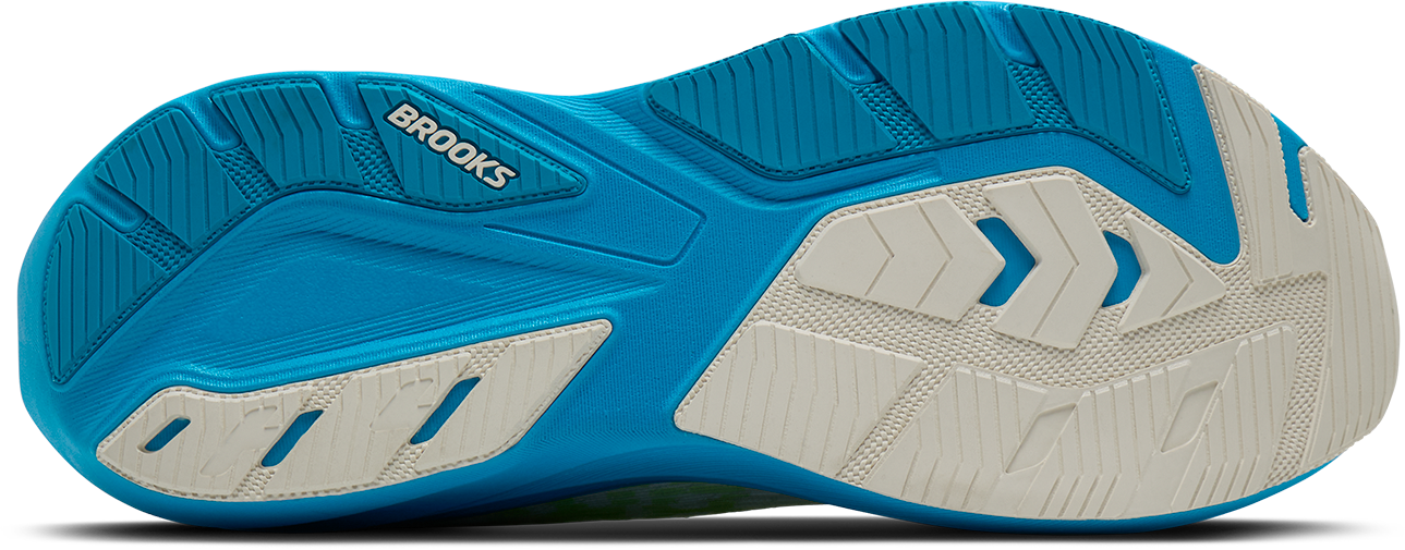 brooks ghost amp mens, lightweight responsive and energetic training shoe, white with blue and green details, bottom sole of shoe
