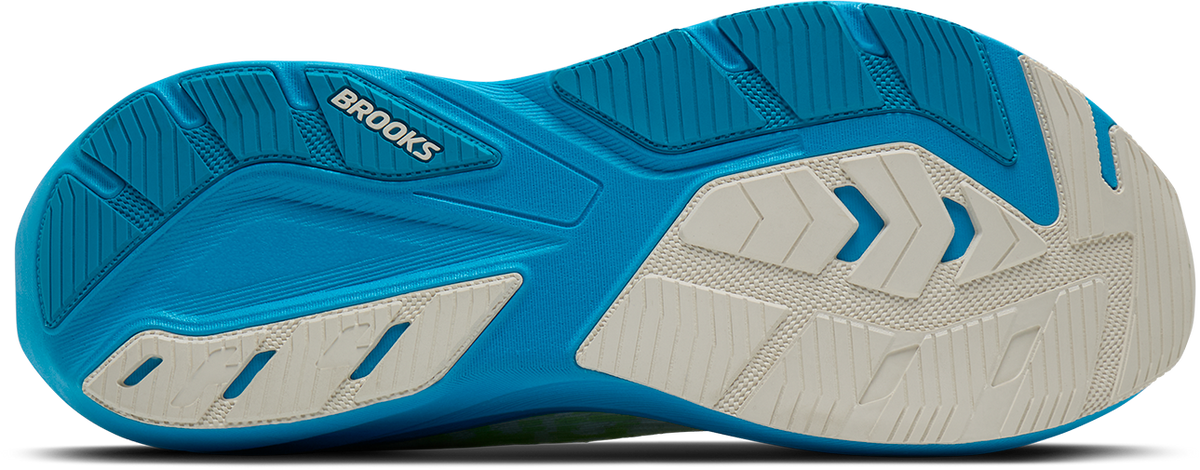 brooks ghost amp mens, lightweight responsive and energetic training shoe, white with blue and green details, bottom sole of shoe