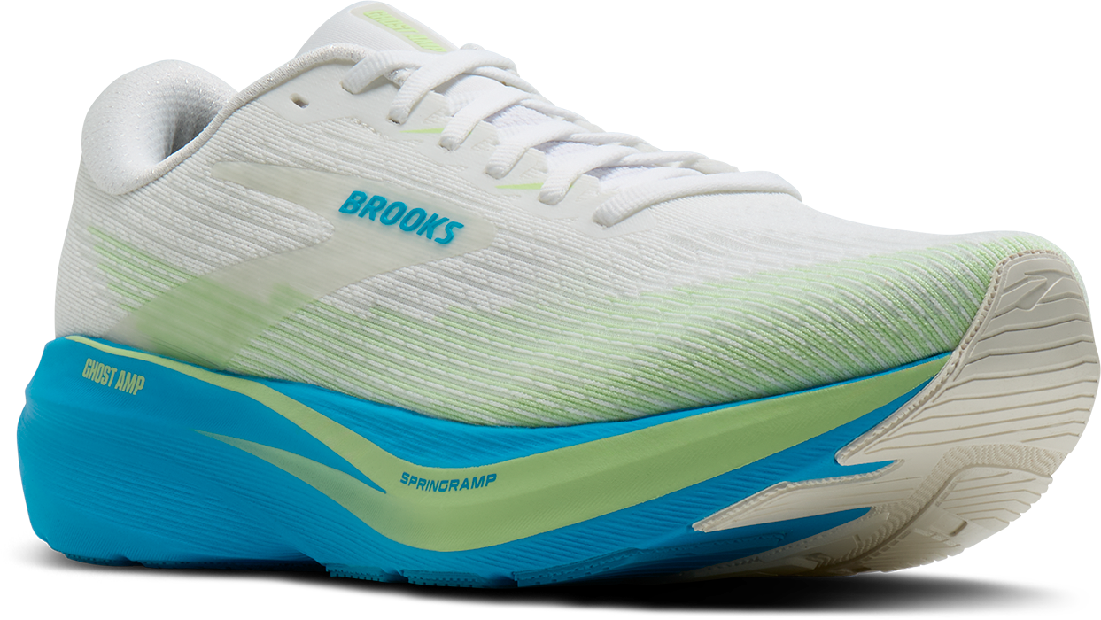 brooks ghost amp mens, lightweight responsive and energetic training shoe, white with blue and green details, angled profile of shoe
