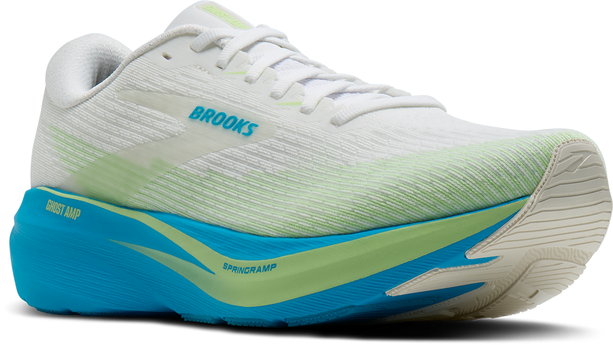brooks ghost amp mens, lightweight responsive and energetic training shoe, white with blue and green details, angled profile of shoe