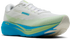 brooks ghost amp mens, lightweight responsive and energetic training shoe, white with blue and green details, angled profile of shoe