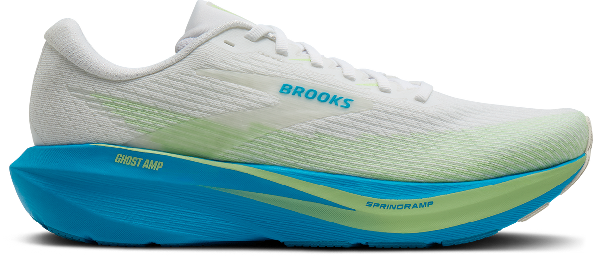 brooks ghost amp mens, lightweight responsive and energetic training shoe, white with blue and green details, side profile of shoe
