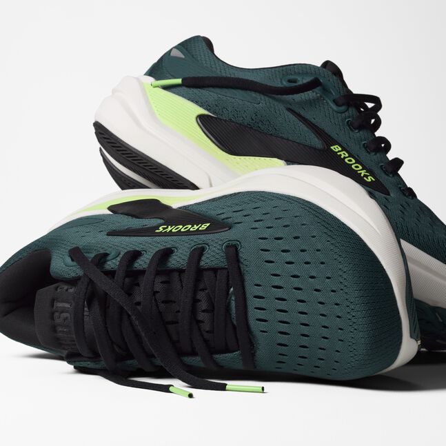 brooks ghost max 3 for men, maximum cushioned running and walking shoe, dark green with white sole and lime green details, top view profile of shoe