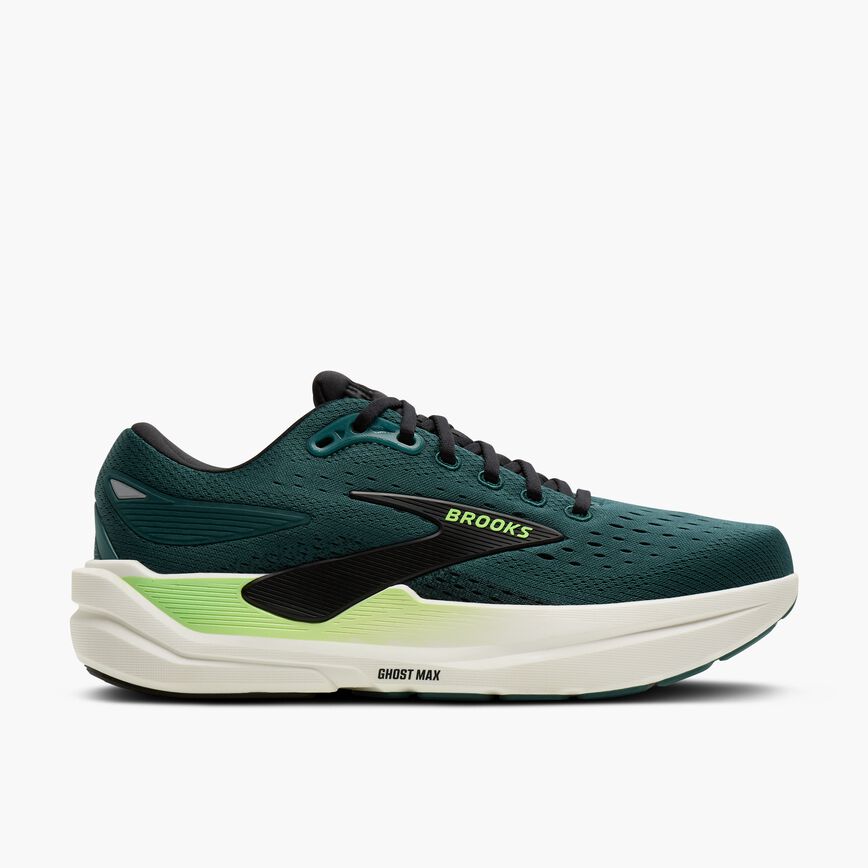 brooks ghost max 3 for men, maximum cushioned running and walking shoe, dark green with white sole and lime green details, side profile of shoe