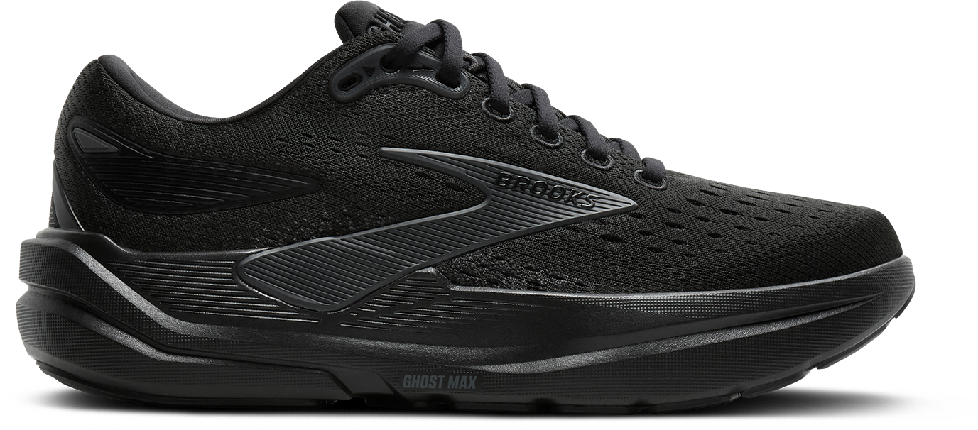 brooks ghost max 3 mens, black with black sole, cushioned everyday walking and running shoe, side profile of shoe