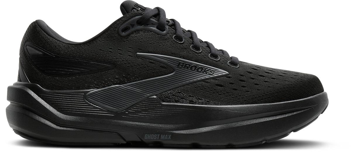 brooks ghost max 3 mens, black with black sole, cushioned everyday walking and running shoe, side profile of shoe