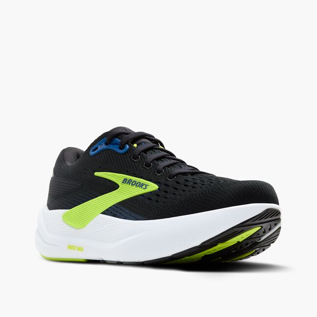 brooks ghost max 3 for men, maximum cushioned running and walking shoe, black with white sole and lime green details, angled side profile of runner