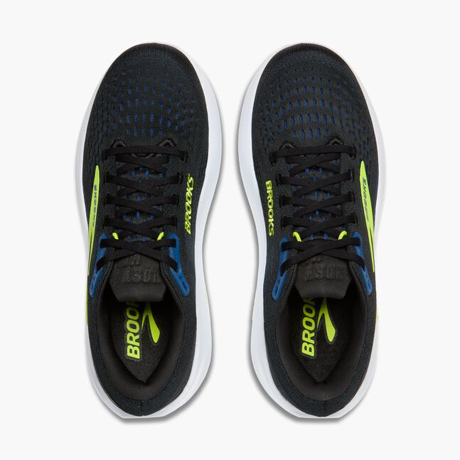 brooks ghost max 3 for men, maximum cushioned running and walking shoe, black with white sole and lime green details, top down view of pair of running shoes