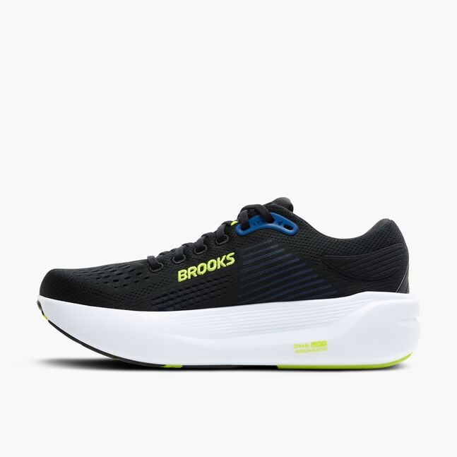 brooks ghost max 3 for men, maximum cushioned running and walking shoe, black with white sole and lime green details, inside profile of shoe