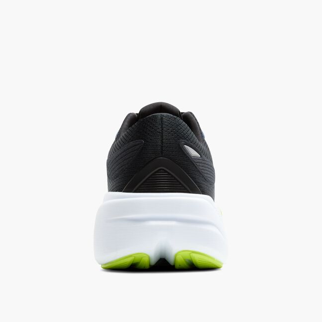 brooks ghost max 3 for men, maximum cushioned running and walking shoe, black with white sole and lime green details, close up of heel of shoe