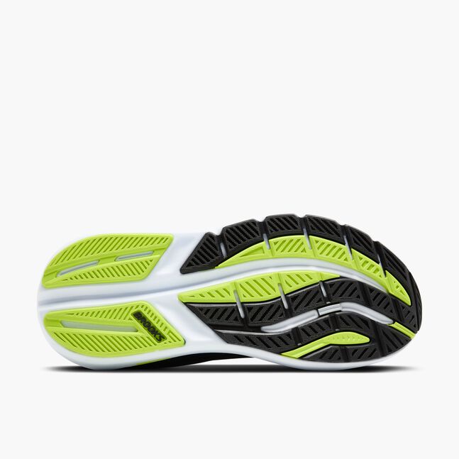 brooks ghost max 3 for men, maximum cushioned running and walking shoe, black with white sole and lime green details, sole of shoe