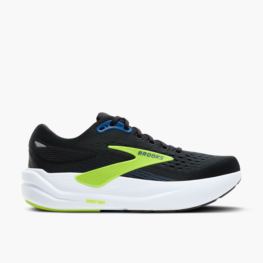 brooks ghost max 3 for men, maximum cushioned running and walking shoe, black with white sole and lime green details, side profile of shoe