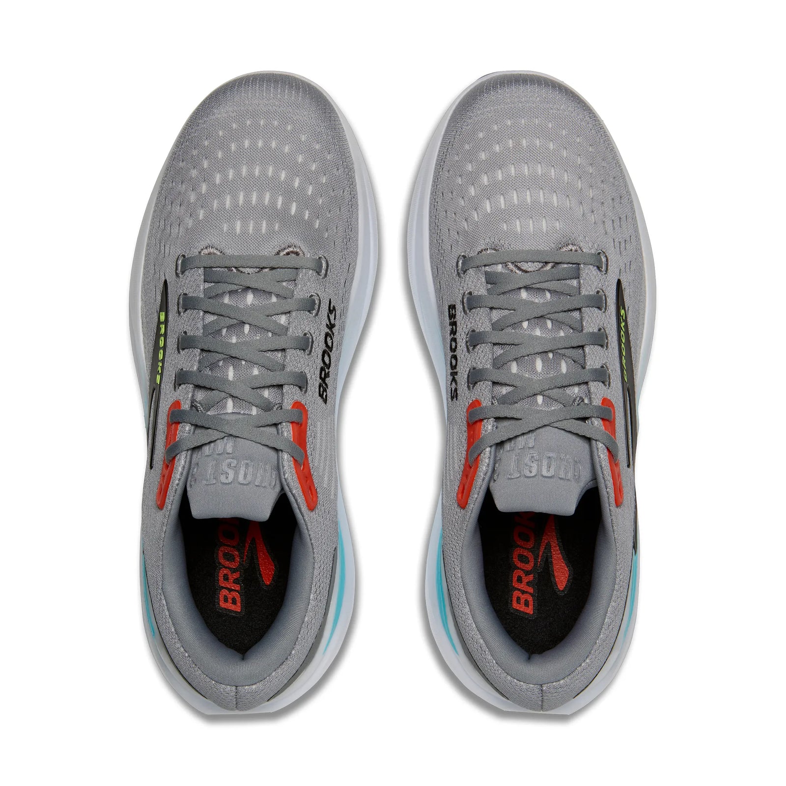 Gray pair of brooks ghost max 3 running shoe with blue and black top
