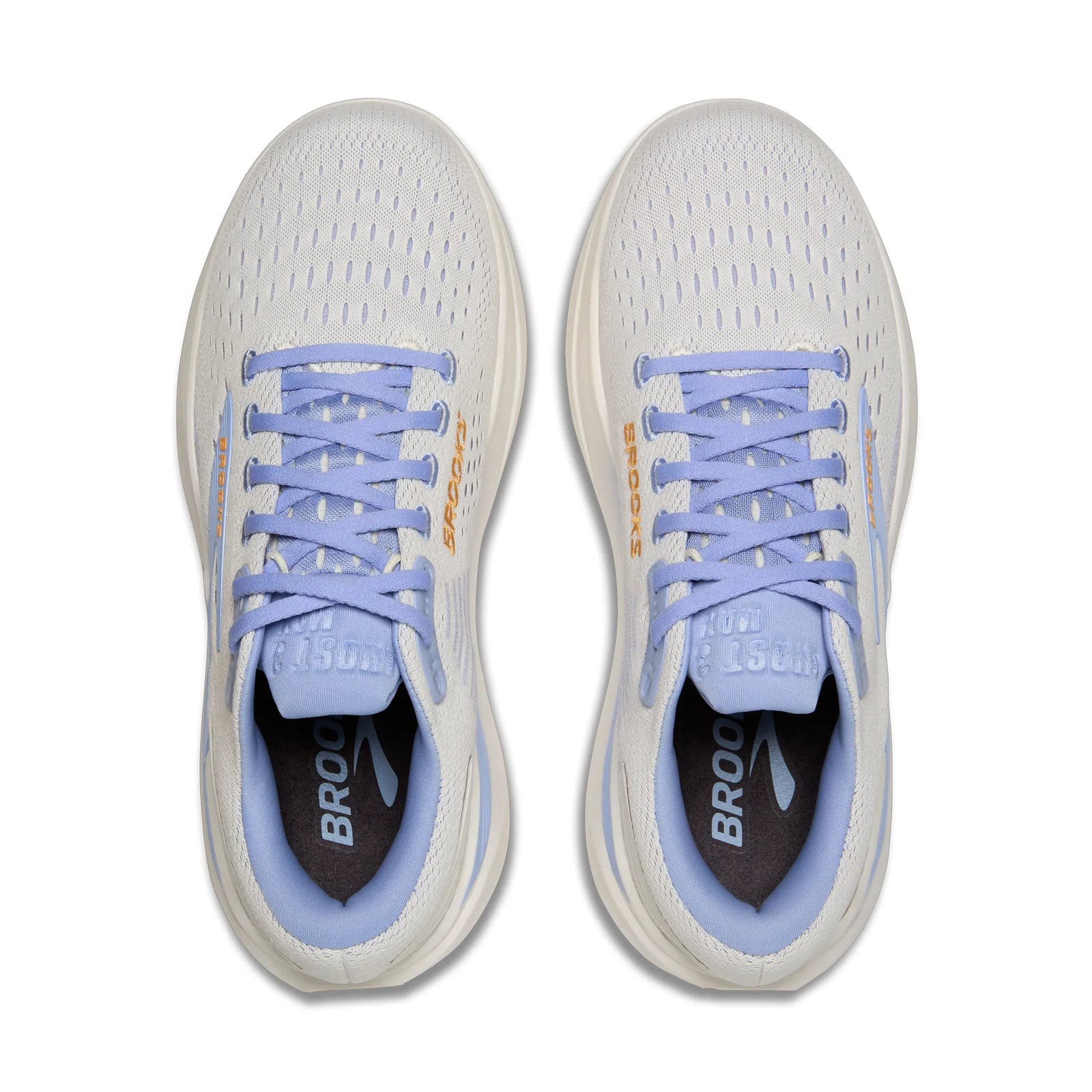 Pair of white ghost max 3 brooks running shoes with light blue laces