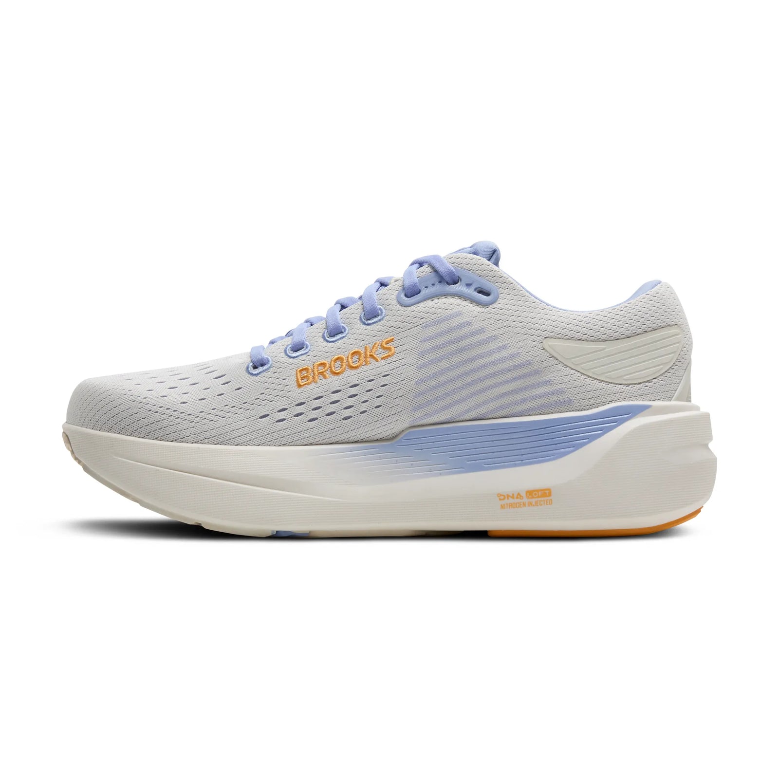 White with light blue accents brooks ghost max 3 running shoe with yellow Brooks logo