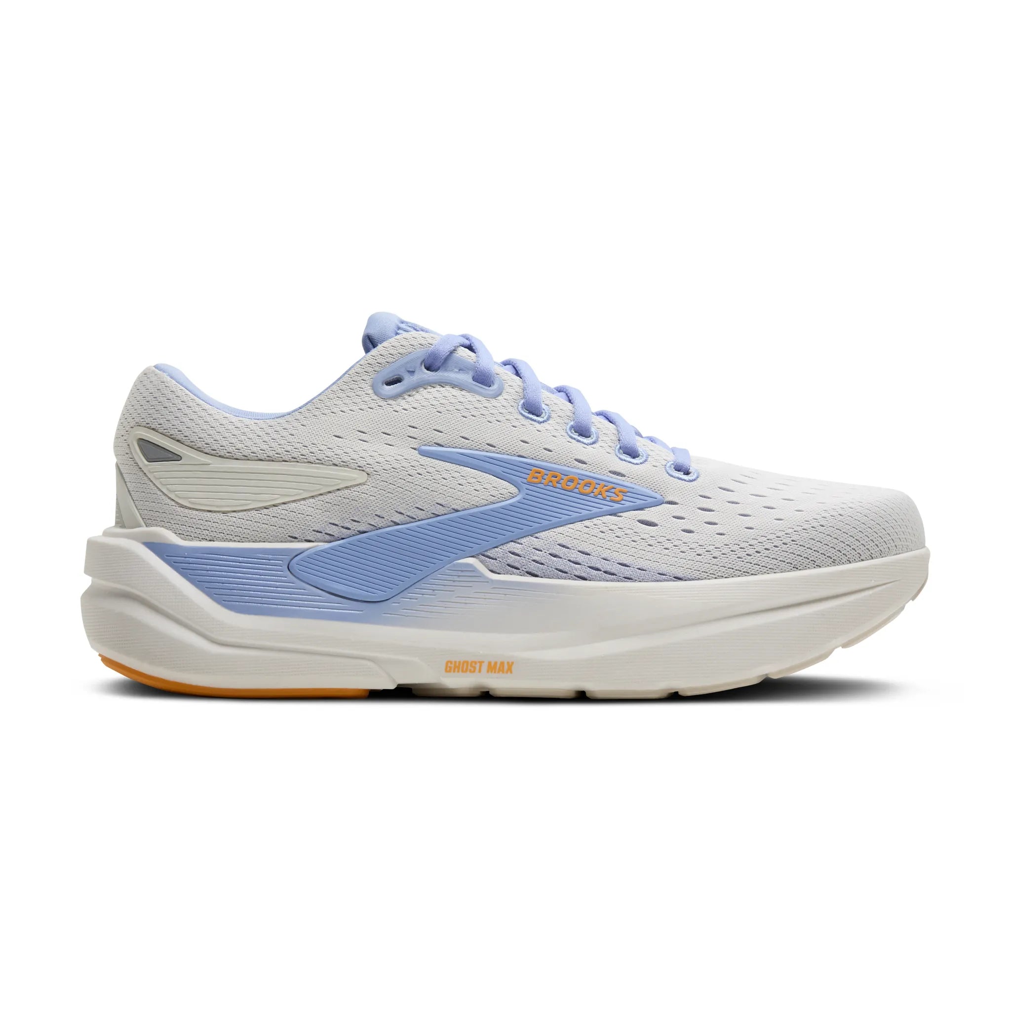 White with light blue accents brooks ghost max 3 running shoe with yellow Brooks logo side profile