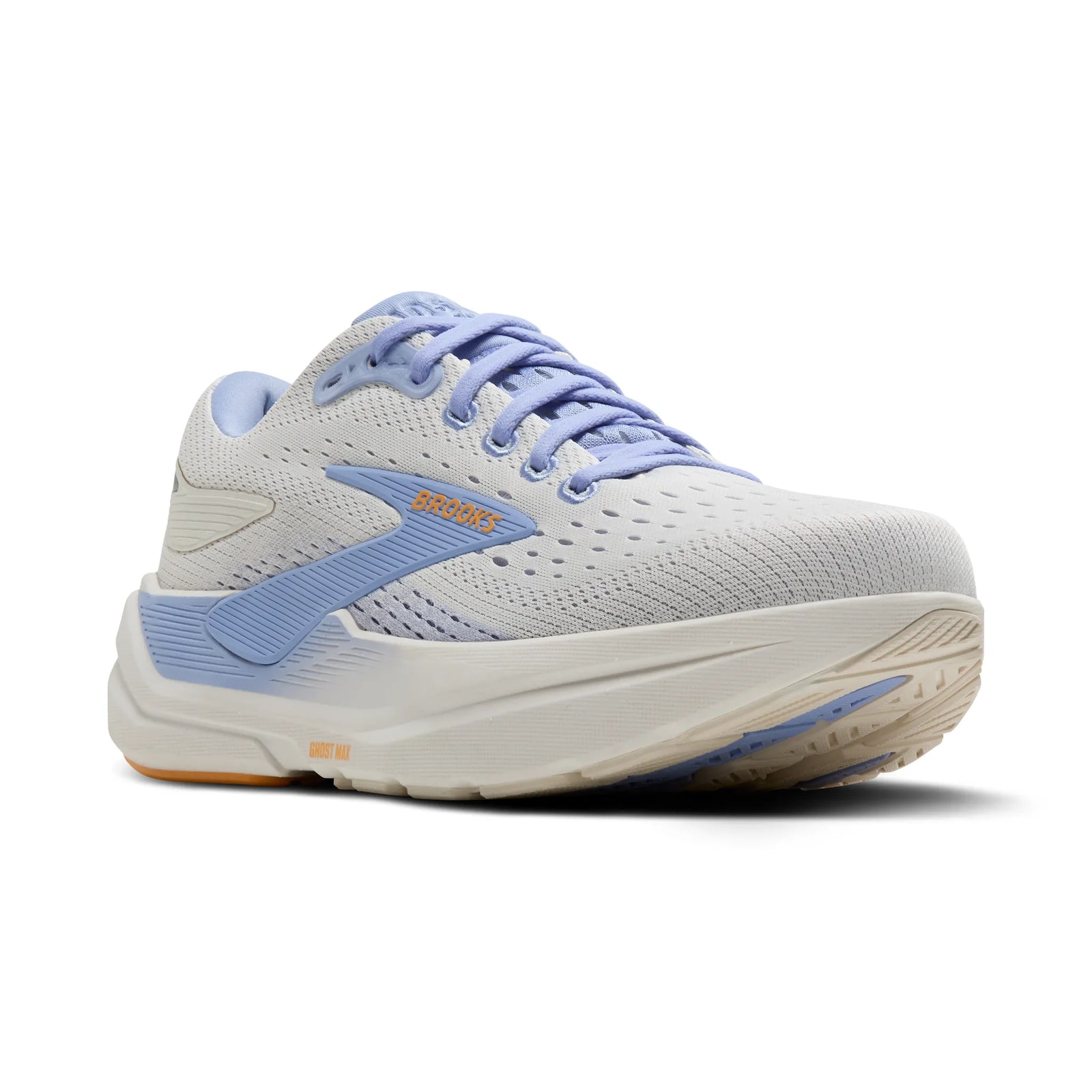 White with light blue accents brooks ghost max 3 running shoe with yellow Brooks logo side front 