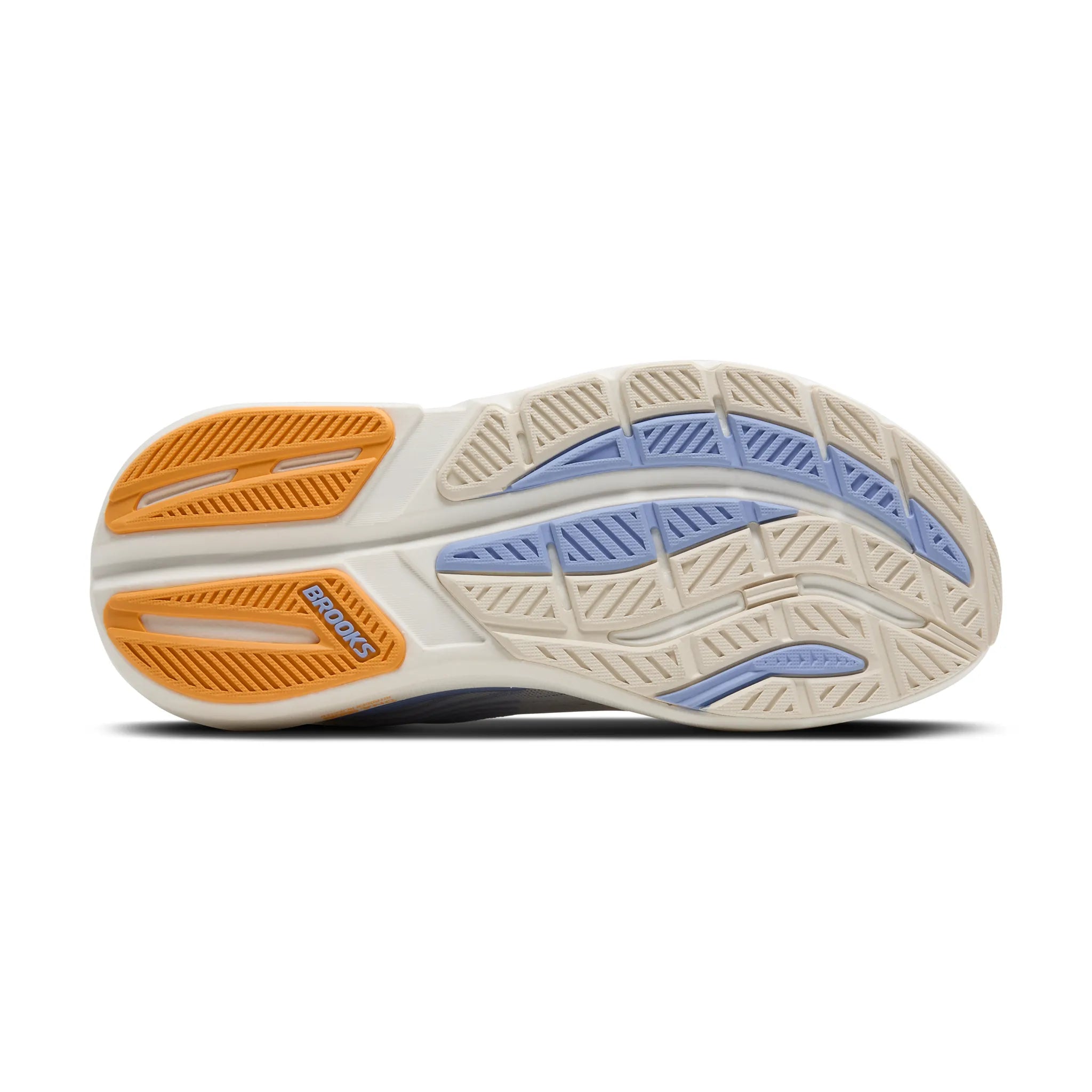 Sole of brooks ghost max 3 womens running shoe with orange and blue accents