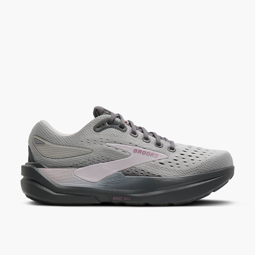 brooks ghost max 3 for women, maximum cushioned lightweight walking and running shoe dark grey colour side profile view