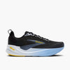brooks ghost max 4 mens, maximum cushioning everyday road walking and running shoe, black with white sole and light blue and yellow details, side profile of shoe