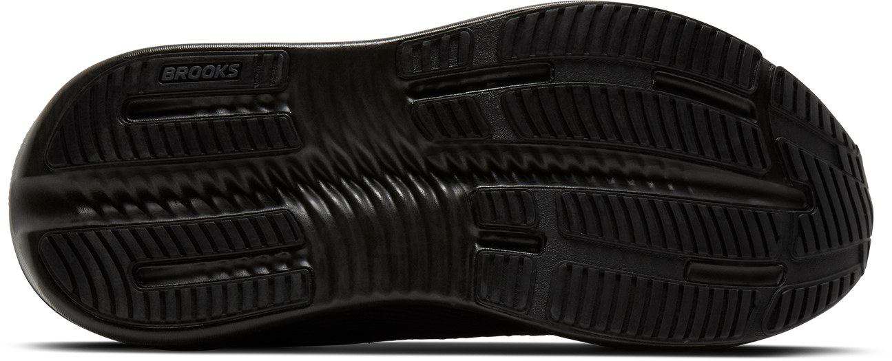 brooks ghost max 4 womens, maximum cushioned road running and walking shoe, black with shiny dark purple details, sole of shoe