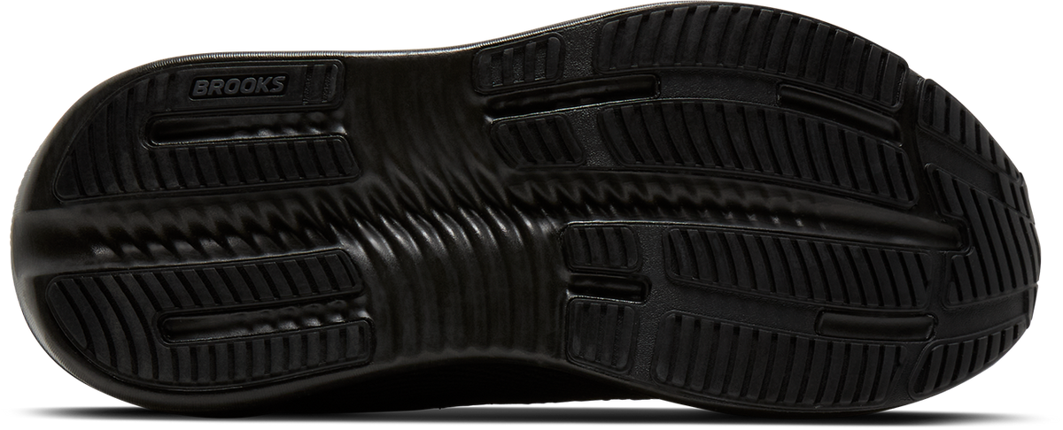 brooks ghost max 4 womens, maximum cushioned road running and walking shoe, black with shiny dark purple details, sole of shoe