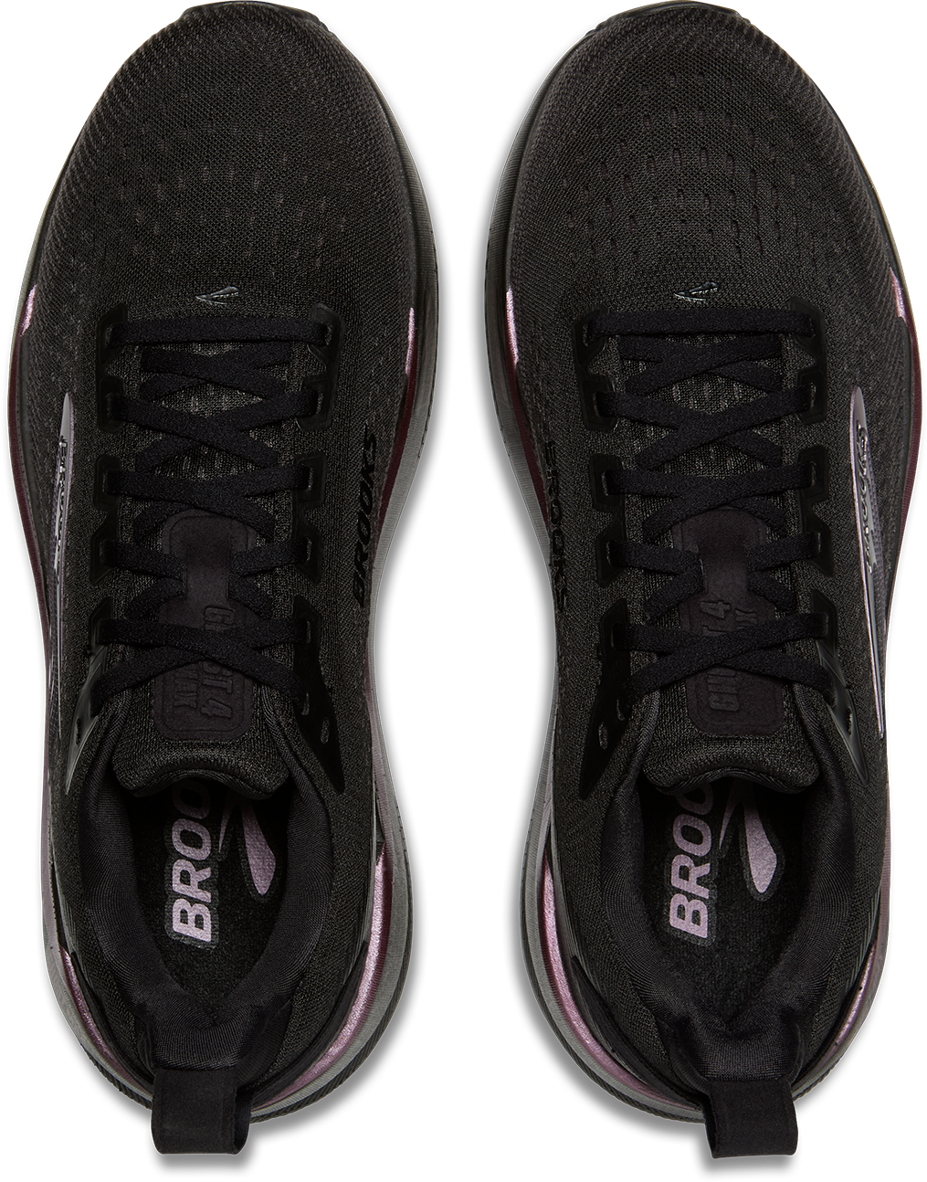 brooks ghost max 4 womens, maximum cushioned road running and walking shoe, black with shiny dark purple details, tops of shoes