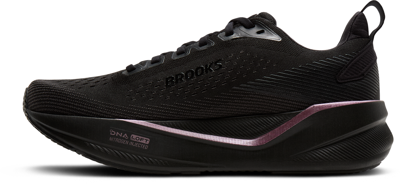 brooks ghost max 4 womens, maximum cushioned road running and walking shoe, black with shiny dark purple details, inside profile of shoe