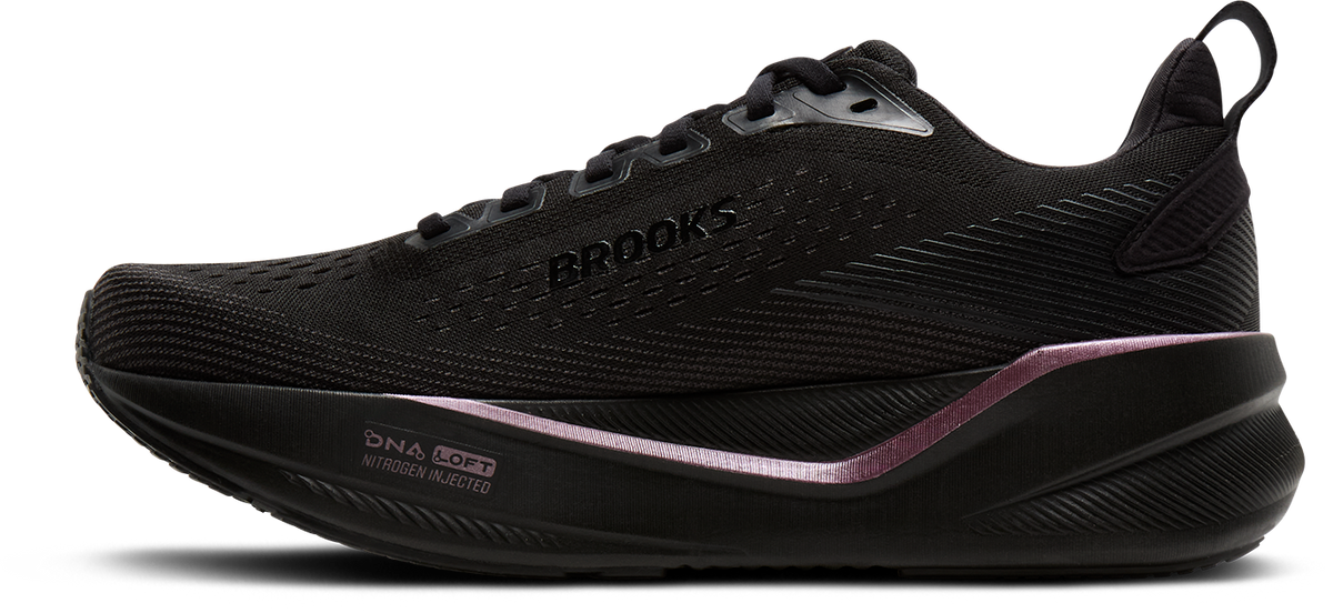brooks ghost max 4 womens, maximum cushioned road running and walking shoe, black with shiny dark purple details, inside profile of shoe