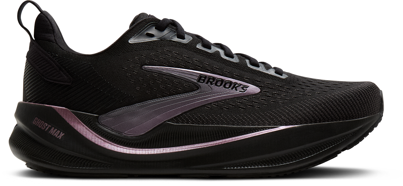 brooks ghost max 4 womens, maximum cushioned road running and walking shoe, black with shiny dark purple details, side profile of shoe