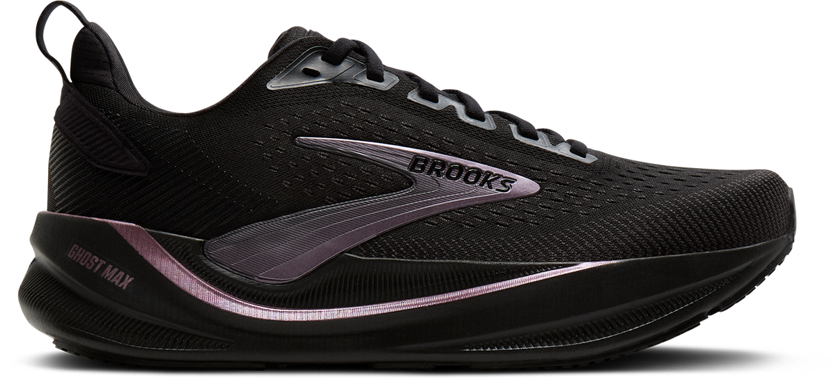 brooks ghost max 4 womens, maximum cushioned road running and walking shoe, black with shiny dark purple details, side profile of shoe