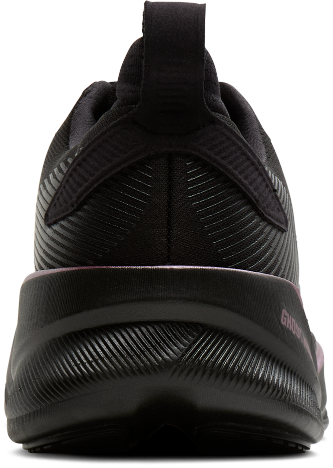 brooks ghost max 4 womens, maximum cushioned road running and walking shoe, black with shiny dark purple details, heel of shoe