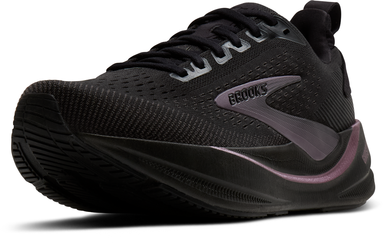 brooks ghost max 4 womens, maximum cushioned road running and walking shoe, black with shiny dark purple details,  side angled profile of shoe
