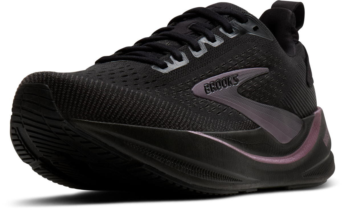 brooks ghost max 4 womens, maximum cushioned road running and walking shoe, black with shiny dark purple details,  side angled profile of shoe
