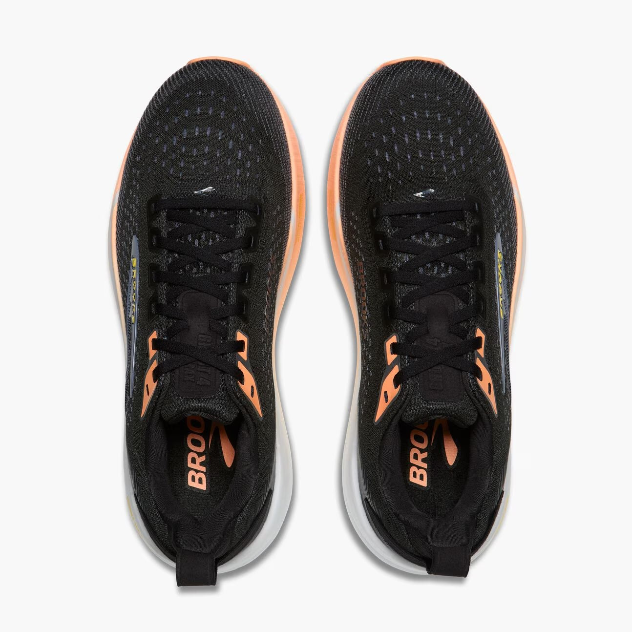 brooks ghost max 4 for women, long distance recovery or training running shoe with maximum protective cushioning, black with white and peach with yellow brooks logo, top down view of shoes