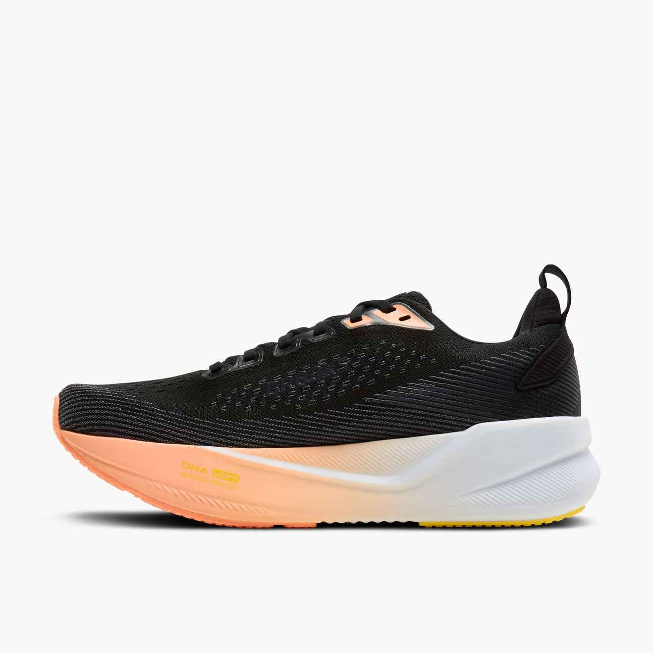brooks ghost max 4 for women, long distance recovery or training running shoe with maximum protective cushioning, black with white and peach with yellow brooks logo, inside profile of shoe