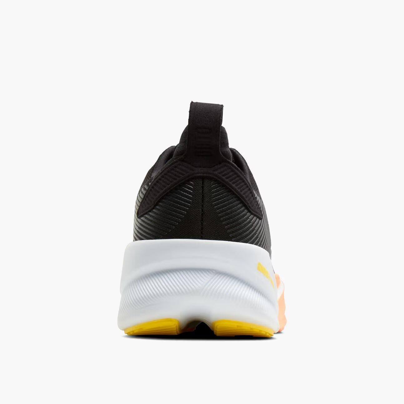 brooks ghost max 4 for women, long distance recovery or training running shoe with maximum protective cushioning, black with white and peach with yellow brooks logo, back heel of shoe