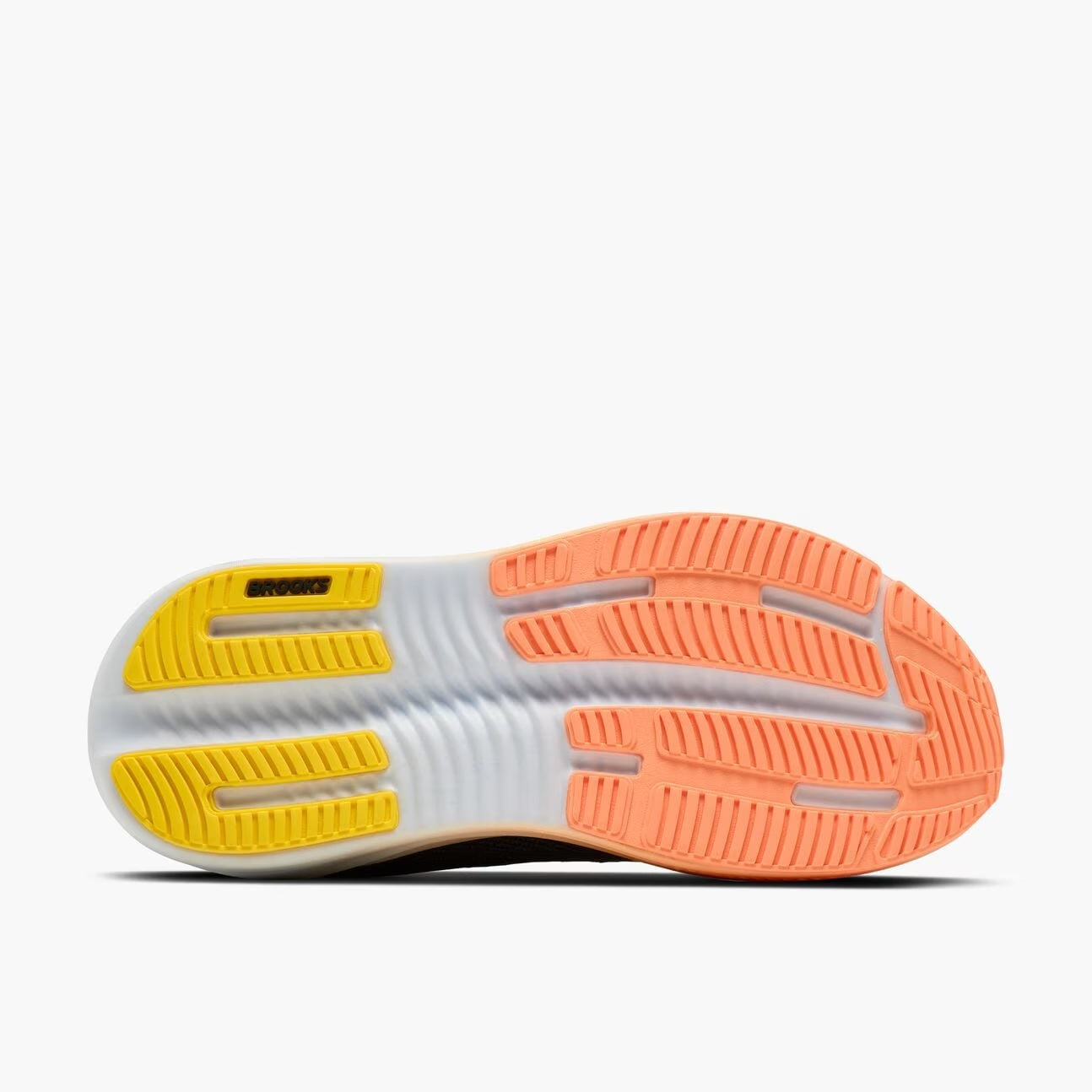 brooks ghost max 4 for women, long distance recovery or training running shoe with maximum protective cushioning, white and peach with yellow , sole of shoe