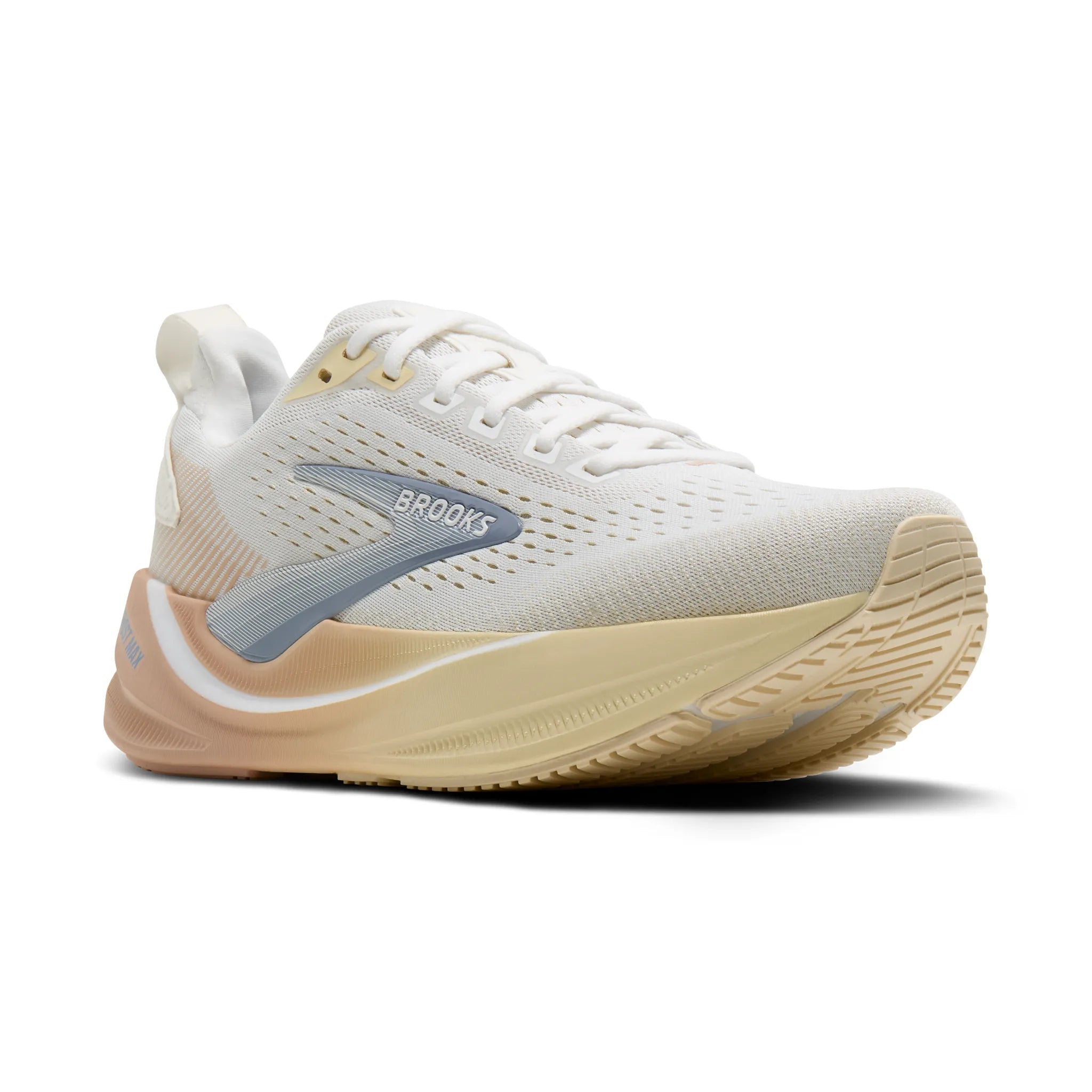 brooks ghost max 4 for women, long distance recovery or training running shoe with maximum protective cushioning, white colour with rose and brown accents, side view