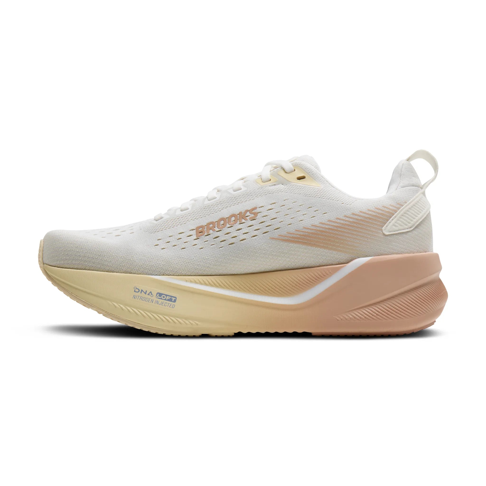 brooks ghost max 4 for women, long distance recovery or training running shoe with maximum protective cushioning, white colour with rose and brown accents, side view