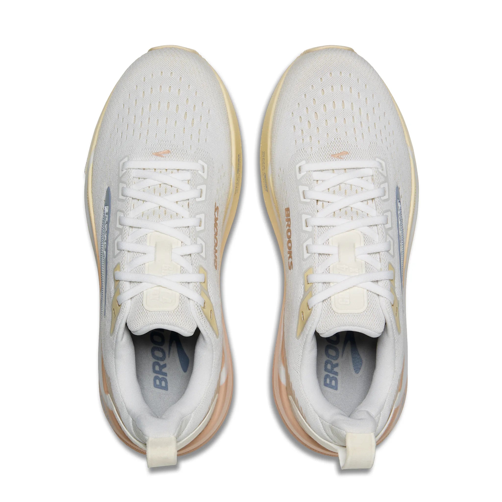 brooks ghost max 4 for women, long distance recovery or training running shoe with maximum protective cushioning, white colour with rose and brown accents, top view