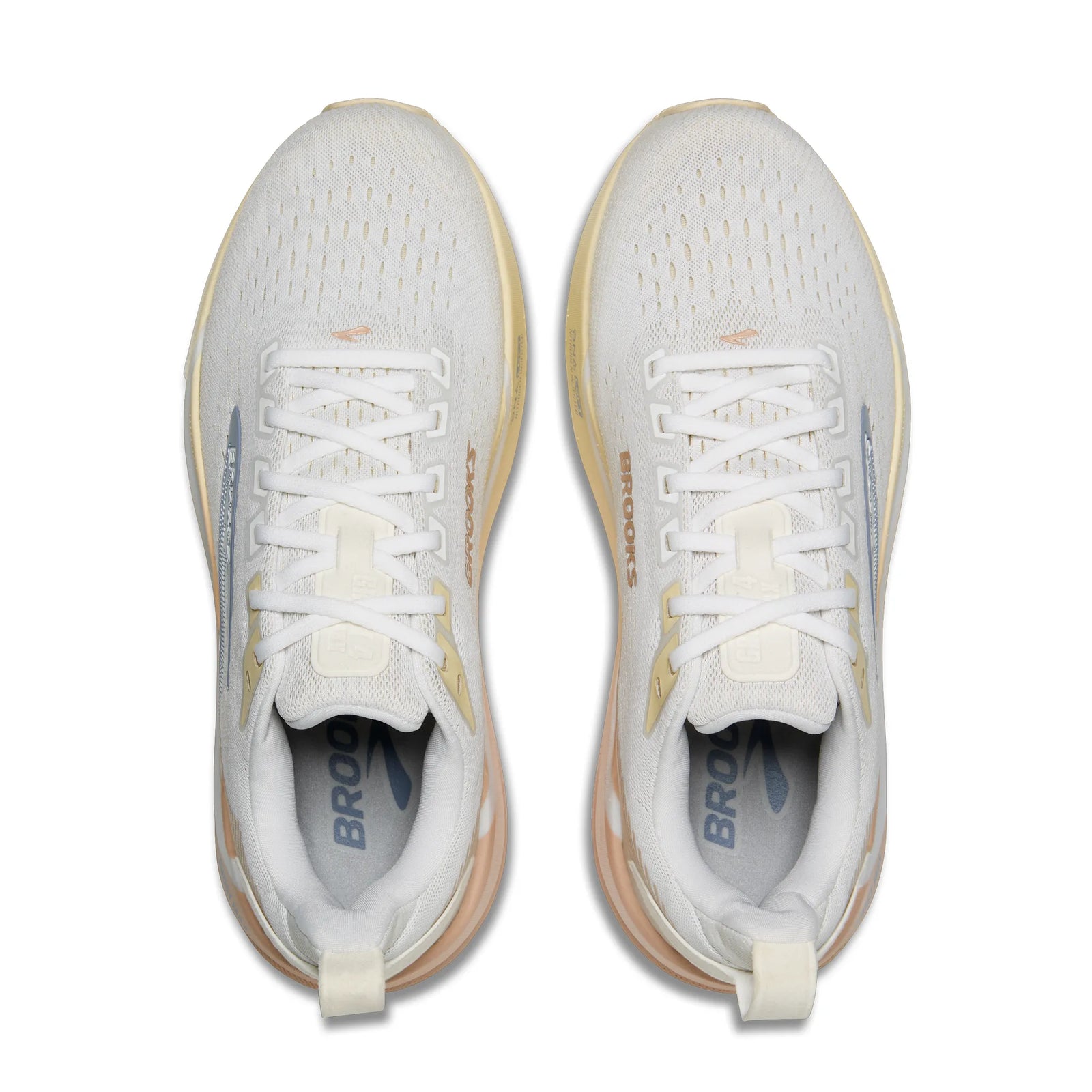 brooks ghost max 4 for women, long distance recovery or training running shoe with maximum protective cushioning, white colour with rose and brown accents, top view