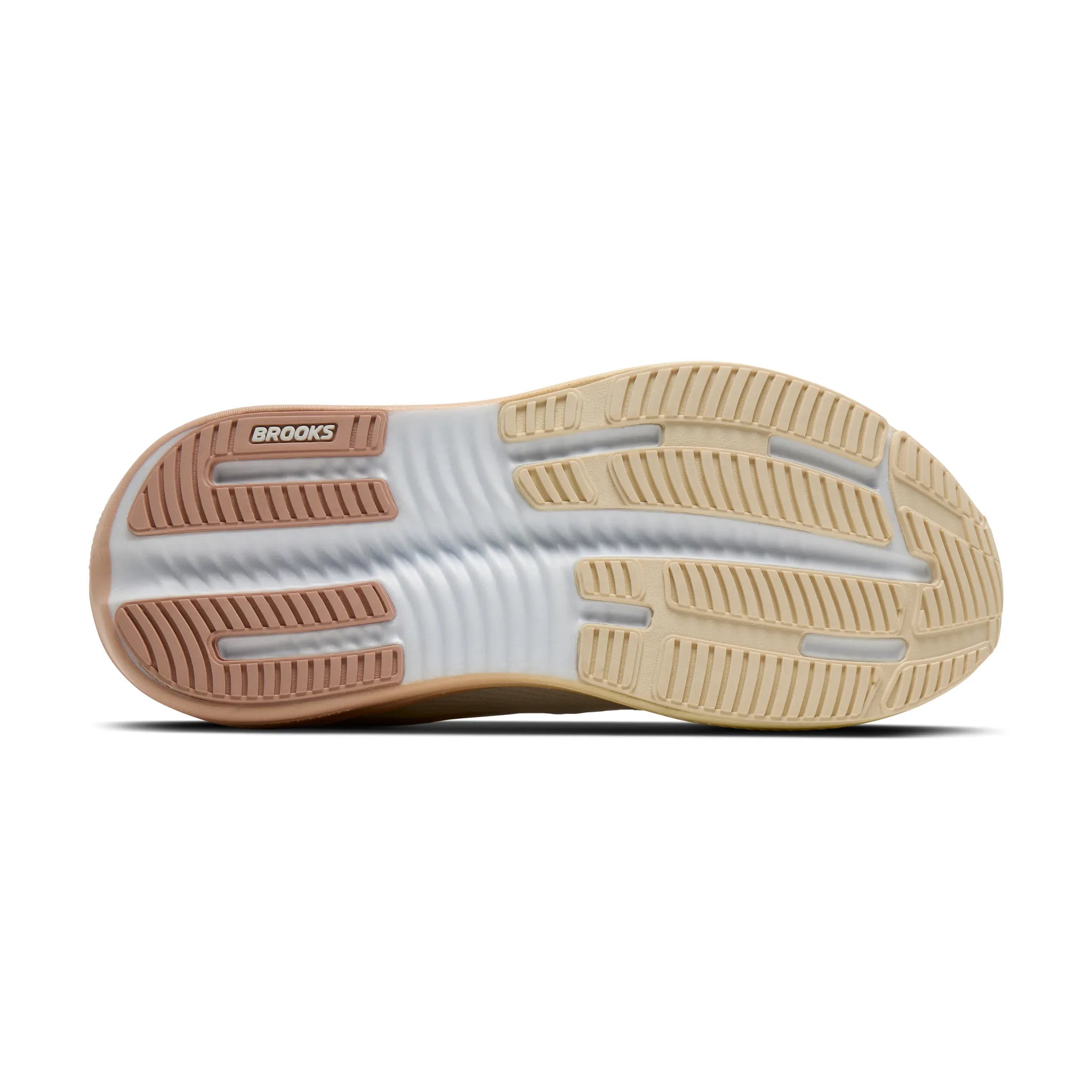 brooks ghost max 4 for women, long distance recovery or training running shoe with maximum protective cushioning, white colour with rose and brown accents, sole view