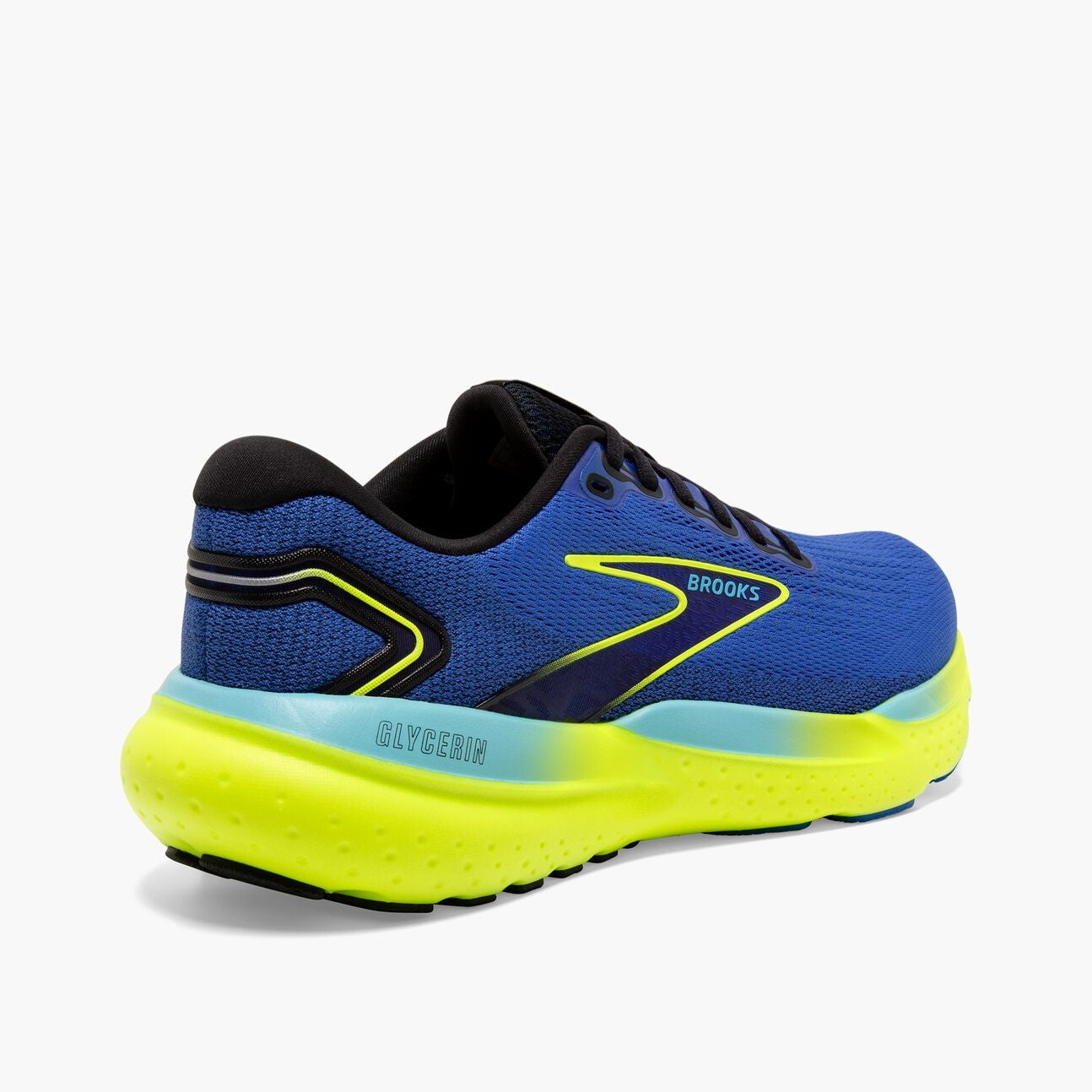 brooks glycerin 21, cushioned running shoe for men, blue with yellow sole