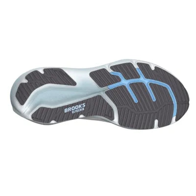 brooks glycerin 23 road running shoe for men, premium plush cushioned shoe for long distance runs, grey with blue and black details, sole of shoe