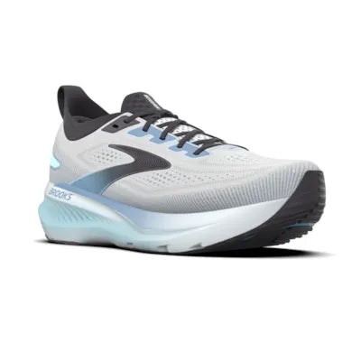 brooks glycerin 23 road running shoe for men, premium plush cushioned shoe for long distance runs, grey with blue and black details, side profile of shoe